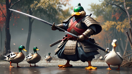 duck samurai.  Battlefield. Hyper realistic.