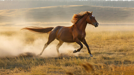 Fototapeta premium A horse galloping freely across a sunlit meadow, its mane billowing in the wind and hooves kicking up clouds of dust