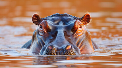 A hippopotamus submerged in a river, only its eyes and nostrils breaking the surface - obrazy, fototapety, plakaty