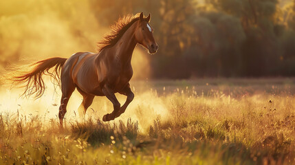 A horse galloping freely across a sunlit meadow, its mane billowing in the wind and hooves kicking up clouds of dust