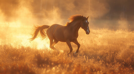 A horse galloping freely across a sunlit meadow, its mane billowing in the wind and hooves kicking up clouds of dust