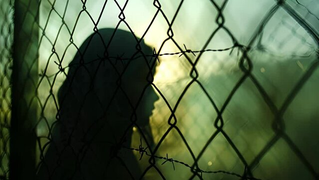 Silhouette of a dissident woman seen through a barbed wire fence, representing her shadowy escape from an oppressive regime, symbolizing resilience and the quest for freedom.