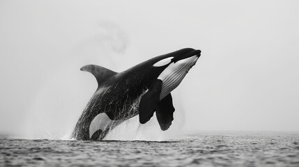 Fototapeta premium A killer whale breaching the surface of the ocean in a powerful display of strength, water cascading off its black and white form