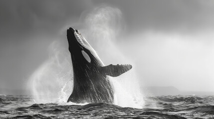 Fototapeta premium A killer whale breaching the surface of the ocean in a powerful display of strength, water cascading off its black and white form