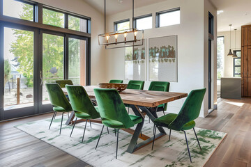 Modern dining room with green chairs and wooden table