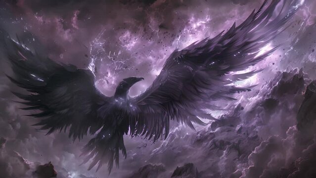 Majestic thunderbird soaring across a cosmic storm, its wings shimmering with celestial energy against a surreal purple sky