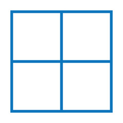 Blue outlined square divided in four parts, into quarters. 2x2 grid. Isolated png illustration, transparent background. Asset for overlay, montage, collage, presentation. Business concept