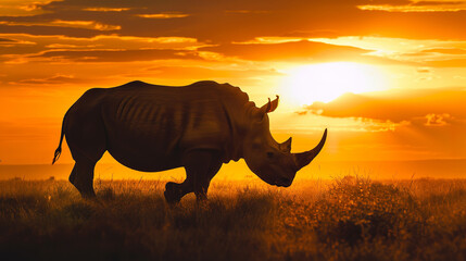 Naklejka premium A majestic rhinoceros, its massive form silhouetted against the golden hues of the savannah sunset