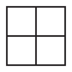 Black outlined square divided in four parts, into quarters. 2x2 grid. Isolated png illustration, transparent background. Asset for overlay, montage, collage, presentation. Business concept