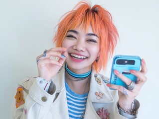 A trendy young woman with orange hair smiles brightly during a selfie with her phone.