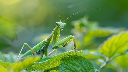 A mantis, perfectly camouflaged among verdant foliage, poised with razor-sharp precision