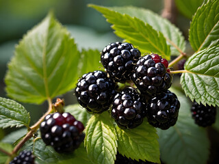 a still life with blackberries and leaves, Arrange freshly picked blackberries alongside their verdant leaves.