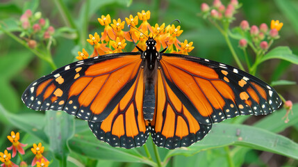 Naklejka premium A monarch butterfly gracefully alighting on a cluster of milkweed blossoms