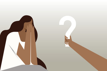 Conceptual illustration of a stressed girl cover her face to a question posed by a hand