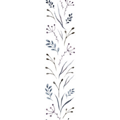 Watercolor illustration of a dry wildflower, herbarium. Seamless border of blue flowers and leaves. Elegant endless botanical print, wallpaper, background. Repeat fashion print for fabric, clothes.