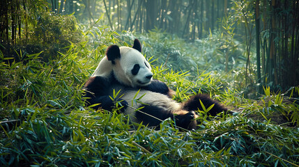 A panda lounging in a bed of bamboo
