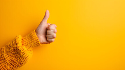 Closeup of female hand showing thumbs up sign against Yellow background.