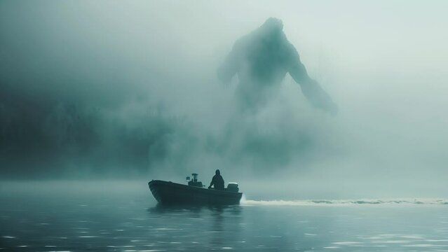 Sonar equipment beeps on a boat, capturing tense moments as a shadowy, monstrous figure emerges in the misty waters, hinting at a Loch Ness monster hunt.