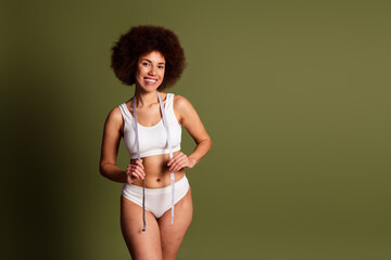 No filter photo of pretty sweet lady underwear lingerie loving body positive emtpy space isolated khaki color background