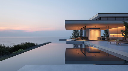 Fototapeta premium Modern Luxury Beachfront Villa with Infinity Pool at Sunset