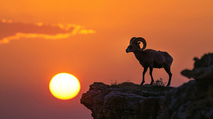 A ram standing proudly on a rocky cliff edge, its majestic horns silhouetted against the fiery hues of a setting sun