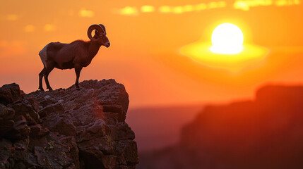 A ram standing proudly on a rocky cliff edge, its majestic horns silhouetted against the fiery hues of a setting sun - Powered by Adobe