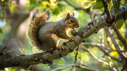 Obraz premium A squirrel perched on a tree branch, its bushy tail arched gracefully behind it