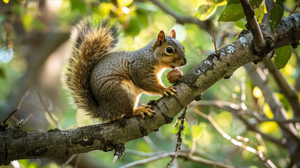 A squirrel perched on a tree branch, its bushy tail arched gracefully behind it