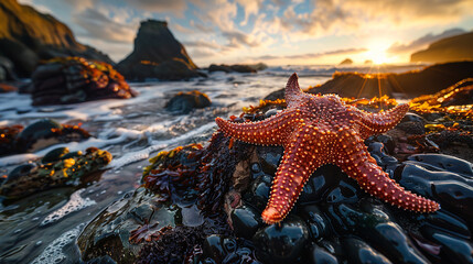 A starfish clinging to the rocky surface of a tide pool