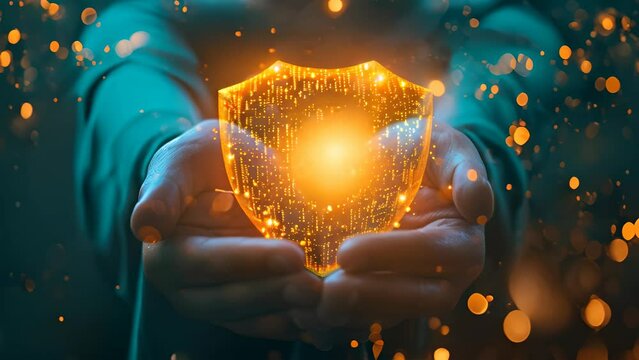 Hands cradle a shimmering orange digital shield against a blue backdrop, symbolizing the vital need for robust cybersecurity measures