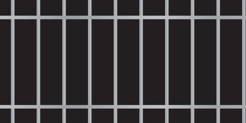 Black realistic metal prison bars isolated on black background. Detailed jail cage, prison iron fence. Criminal background mockup. Creative vector illustration