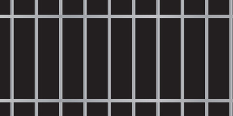 Black realistic metal prison bars isolated on black background. Detailed jail cage, prison iron fence. Criminal background mockup. Creative vector illustration