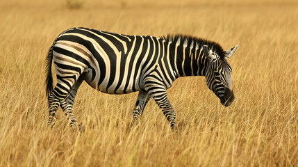  A zebra grazing peacefully on the savannah, its striking black and white stripes blending harmoniously with the golden grasses of its African habitat