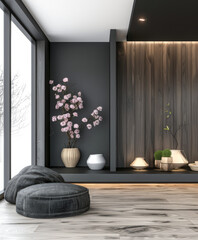 Zen inspired minimalist interiors with contrasting elements