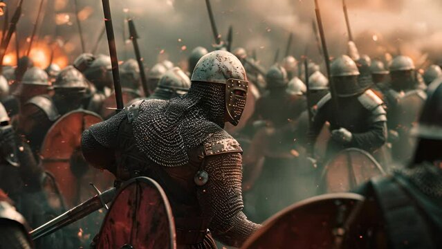 A group of warriors are fighting in a battle. Scene is intense and chaotic