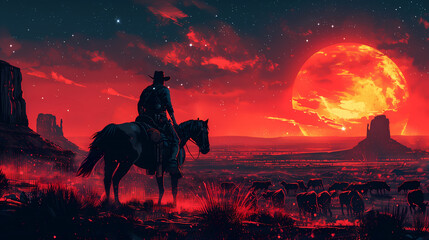 Fototapeta premium Vivid red sunset sky over a cowboy on horseback, silhouetted against a starry night with a rising moon