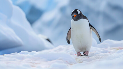 Professional photo with best angle capturing the endearing charm of a penguin as it waddles across icy terrain