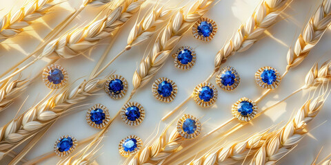 Blue sapphires on top of wheat stalks in a stunning display of natural beauty and contrast