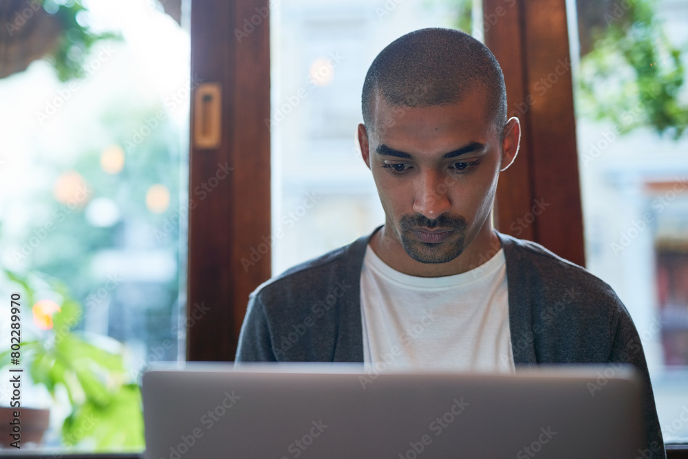 Poster laptop, reading and businessman in home working on creative web design for startup company. technolo