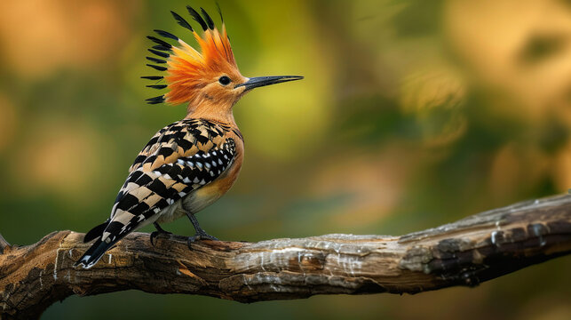 Professional photo with best angle showcasing the exotic beauty of a hoopoe as it perches on a branch