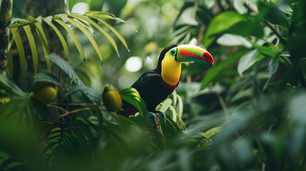 Fototapeta premium Professional photo with best angle showcasing the tropical splendor of a keel-billed toucan as it perches amidst lush rainforest foliage
