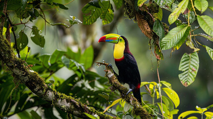 Professional photo with best angle showcasing the tropical splendor of a keel-billed toucan as it perches amidst lush rainforest foliage