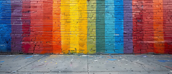 Bold stripes of rainbow colors painted on a brick wall, pride month theme banner
