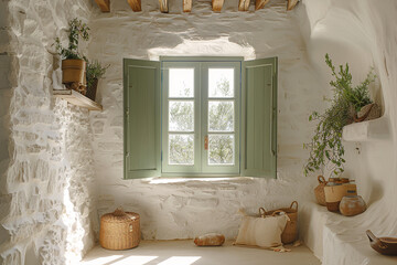 window of a cozy mediterranean cottage, bright and airy photography