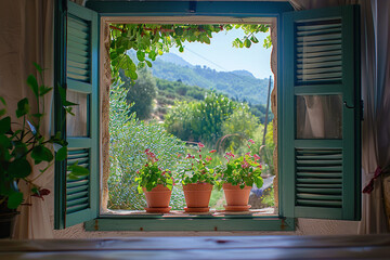 window of a cozy mediterranean cottage, bright and airy photography