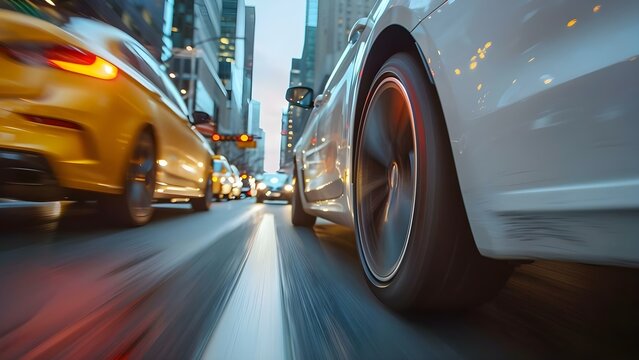 Car driving fast in busy traffic alongside other vehicles on street . Concept City traffic, Rush hour, Speeding cars, Urban commute, Busy streets