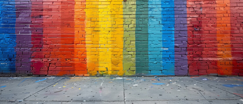 Bold stripes of rainbow colors painted on a brick wall, pride month theme banner