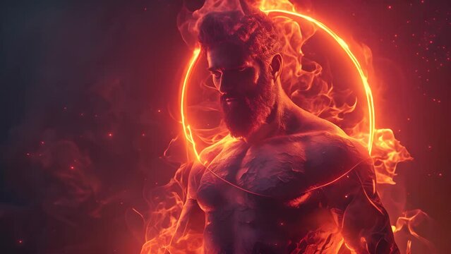 The Roman god Mars, god of war and bravery, depicted with a fierce fiery neon aura in a dramatic and mystical setting