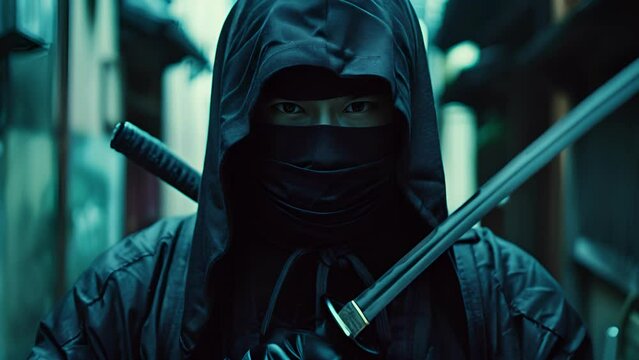 A ninja is holding a sword and a hooded cape. The image has a dark and mysterious mood