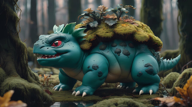 A realistic Venusaur animal among the trees, forest lake, moss, cold weather, dark teal and amber, Sony A7 IV